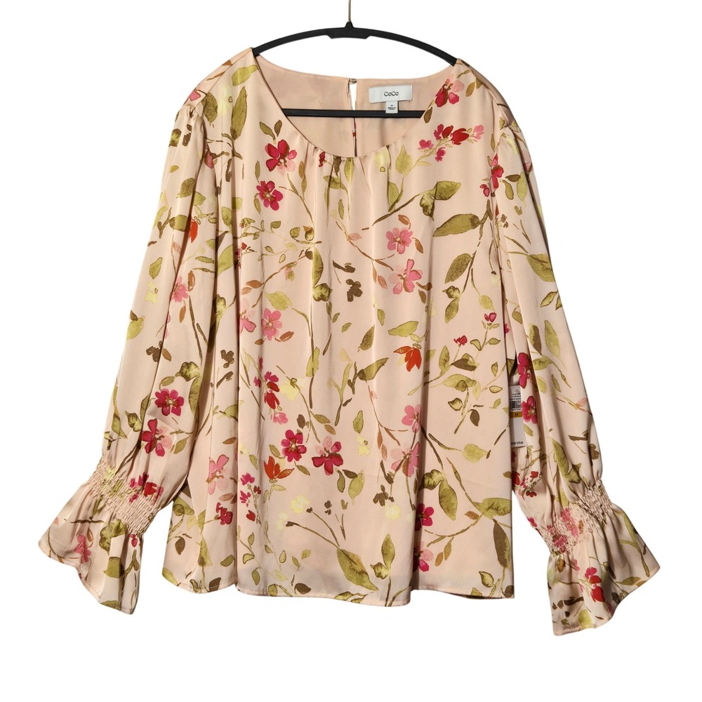 CeCe Floral Smocked Cuff Satin Blouse Pink 3X Plus Feminine Romantic Spring NWT